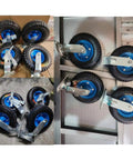 Premium Heavy Duty Pneumatic Rubber Swivel Caster Wheels With Locking Brakes, displaying four rugged wheels with blue hubs.