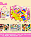 Six Pack Clear PVC Toy Storage Bags With Zipper Handles holding colorful building blocks, dimensions shown with mesh pocket and handles.