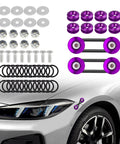 Front And Rear Quick Release Bumper Kit With Clips And Stainless Steel Screws For Cars, Includes 4 Purple Release Tabs And 12 O Rings visible