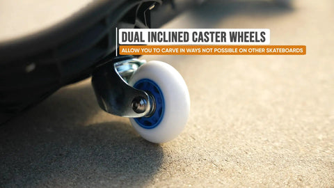 Close-up of RipStik Ripster Caster Board's dual inclined caster wheels, showing high-grade urethane and slip-resistant platform detail.
