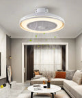 Living room with 21 Inch Bladeless Ceiling Fan With Light And Remote, 3 Speeds And 3 Light Colors, low profile flush mount