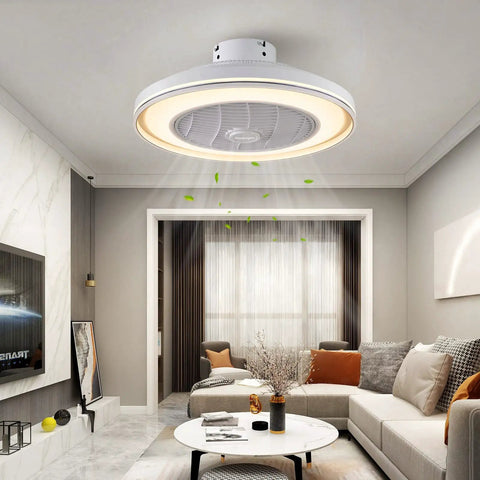 Living room with 21 Inch Bladeless Ceiling Fan With Light And Remote, 3 Speeds And 3 Light Colors, low profile flush mount