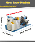 Heavy Duty 7X14 Inch Mini Metal Lathe With Variable Speed Control And Brushless Motor, showing dimensions and features.