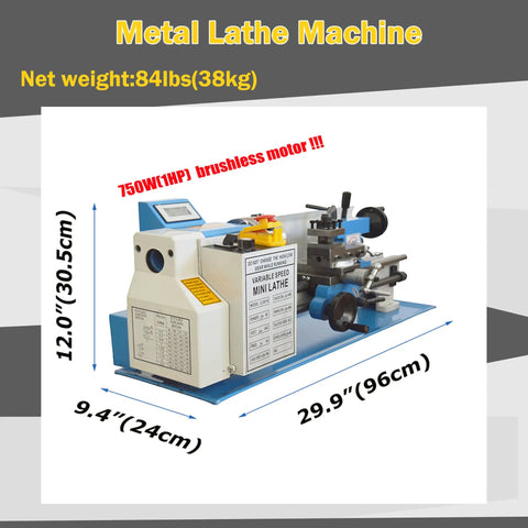 Heavy Duty 7X14 Inch Mini Metal Lathe With Variable Speed Control And Brushless Motor, showing dimensions and features.