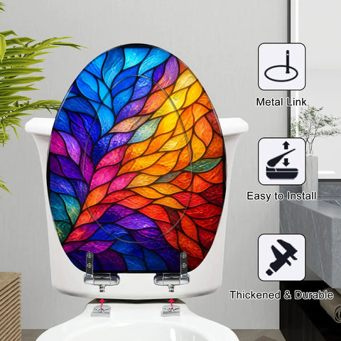 Elongated Colorful Stained Glass Effect Abstract Leaf Radiant Toilet Seat viewed from above with vibrant colors and metal fittings.