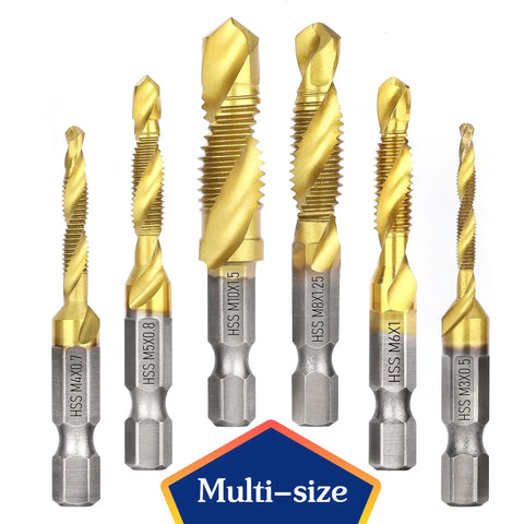 Six Piece Titanium Coated Drill Tap Set For Aluminum, Brass, Zinc, Copper, Plastic And Wood Heavy Duty All In One 3 In 1 Drill Tap Countersink Kit With M3x0.5 To M10x1.5 Hex Shank HSS Taps displayed frontally on white background