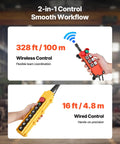Wireless and wired controls for Velvet-Vision VEVOR 4400 Pound Electric Chain Hoist. Range of 328 ft wireless, 16 ft wired.