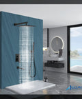 Matte Black 12 Inch Rainfall Shower System With Shower Head Handheld Sprayer Tub Filler And Wall Mount Mixer Valve All Metal Brass Construction Luxury Rough In Kit Included in modern bathroom setting