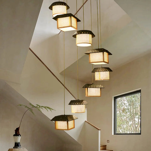Large LED Bamboo Chandelier With 8 Bulbs For Staircases And Entryways Adjustable Pendant Light hanging over staircase