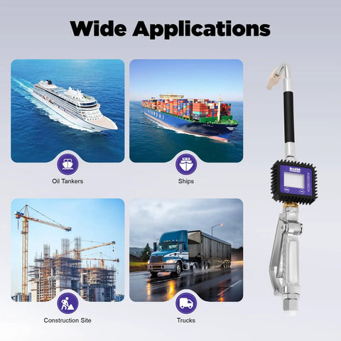 Heavy Duty Digital Oil Control Valve Meter Nozzle Pneumatic Flow Gun With Cozy Grip Handle Energy Efficient Smart Hibernation Mode For Shop Pros used in various applications including oil tankers, ships, construction sites, and trucks.