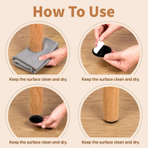 How to use Heavy Duty Self Adhesive Furniture Sliders 36 Piece Set on wooden leg, showing cleaning and application steps.