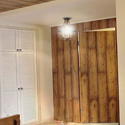 Six Light Rustic Semi Flush Mount Ceiling Light Fixture In Black With Handmade Brown Finish in modern hallway setting