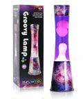 16 Inch Magma Lamp Liquid Motion Galaxy Design with Colormax White Wax in Purple Liquid Decal Base next to packaging