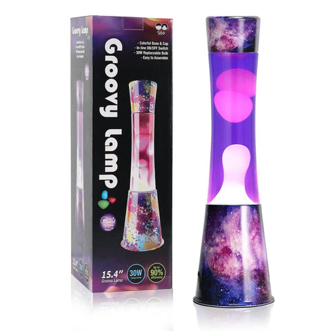 16 Inch Magma Lamp Liquid Motion Galaxy Design with Colormax White Wax in Purple Liquid Decal Base next to packaging