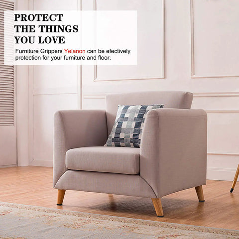 Non Slip Furniture Pads 24 Pack 2 Inch Floor Protectors on chair in living room, self-adhesive rubber feet stopping sliding and scratches.