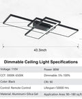 Lit Dimmable LED Ceiling Light With Remote Black Square Flush Mount Fixture Memory Function 3000K To 6500K Color Temperature