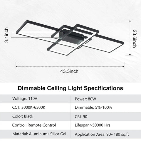 Lit Dimmable LED Ceiling Light With Remote Black Square Flush Mount Fixture Memory Function 3000K To 6500K Color Temperature