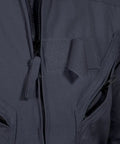 Heavy Duty Poly Cotton Twill Coverall In Dark Navy With Alpha Fit Snag Resistant Trims close-up of zippers and pockets