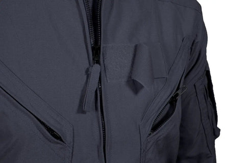Heavy Duty Poly Cotton Twill Coverall In Dark Navy With Alpha Fit Snag Resistant Trims close-up of zippers and pockets
