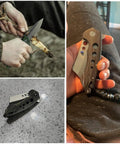 Person holding knife with gray handle; knife on table; hand holding knife in different angle