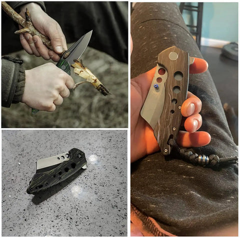 Person holding knife with gray handle; knife on table; hand holding knife in different angle
