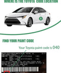 Toyota car with paint code 040 location guide, showing where to find the code on the vehicle identification label.