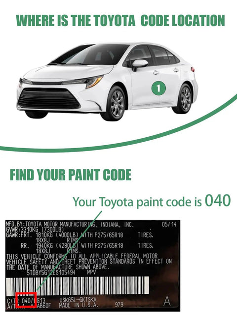 Toyota car with paint code 040 location guide, showing where to find the code on the vehicle identification label.