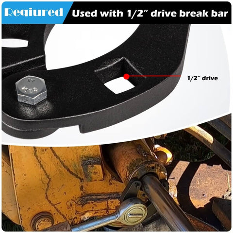 Universal Gland Nut Wrench For Hydraulic Cylinders, Heavy Duty Tool displayed with 1/2 inch drive in use on equipment.