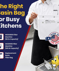 Heavy Duty Reusable Fryer Oil Filter Bag With Micro Mesh Strainer For Restaurant Kitchens, held by chef in commercial kitchen.