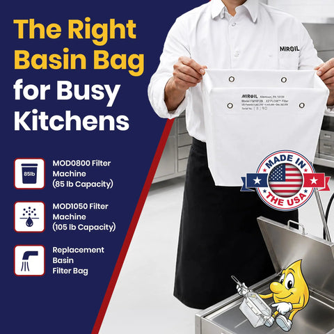 Heavy Duty Reusable Fryer Oil Filter Bag With Micro Mesh Strainer For Restaurant Kitchens, held by chef in commercial kitchen.