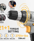 Killer 20V Cordless Drill Set With 2.0 Ah Battery And Charger 30 Nm Torque 21+1 Clutch Settings 3/8 Inch Keyless Chuck Driver Bits Kit And Bright LED Light For No Sweat DIY And Weekend Grinds close-up of drill chuck showing 21+1 torque settings.