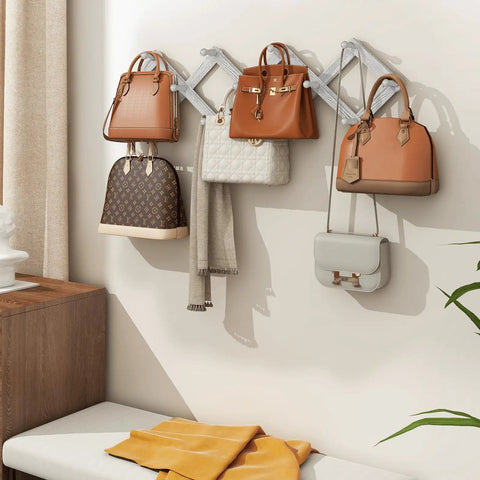 Accordion Style Wall Mounted Coat Rack With 13 Peg Hooks For Coats Hats Bags Mugs And Necklaces In Rustic White Finish