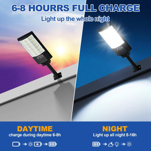 Outdoor Solar Street Lights With Remote Control Motion Sensor Waterproof Flood Light 6500K Dusk To Dawn, daytime and night use