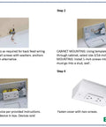 Installation steps for Under Cabinet Power Distribution Box Slim Fit White Metal For TV DVD And Security Systems with wiring.