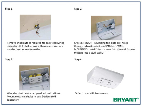 Installation steps for Under Cabinet Power Distribution Box Slim Fit White Metal For TV DVD And Security Systems with wiring.