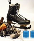Outdoor Quad Skates Wheel Replacement Set With 8 Navy PU Non Light Wheels And Spanner next to black skate boots and accessories