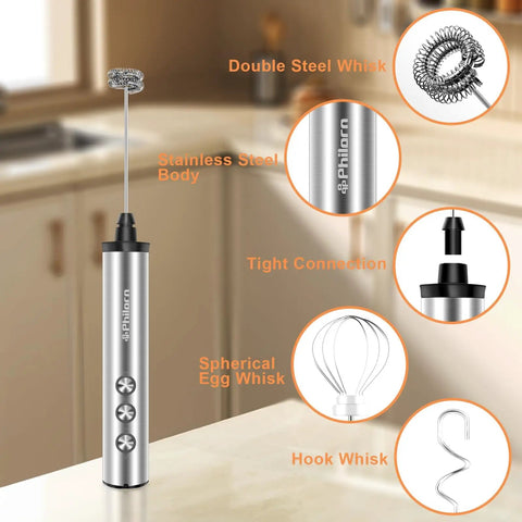 Rechargeable USB C Milk Frother with Stand, Handheld Wand with 3 Heads and 3 Speeds for Latte Cappuccino Matcha Almond Milk