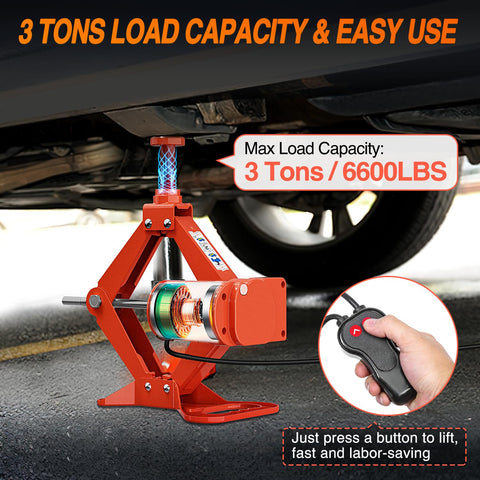 Electric Car Jack 3 Ton Floor Jack Kit With Remote 12V Auto Scissor Lift Portable Tire Change Tool 6600LBS Capacity Double Pad Orange Red Finish Easy One Touch Lift For Quick Car Repairs