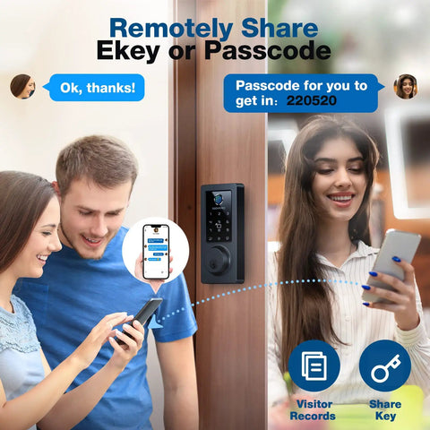 Couple using app to unlock Keyless Fingerprint Door Lock With 6 Ways To Unlock For Front Door No Key Hassle High Tech Smart Deadbolt Anti Peeping IP65 Waterproof Home Security Lock App Control Passcodes IC Card Keys And Alexa Voice Unlock