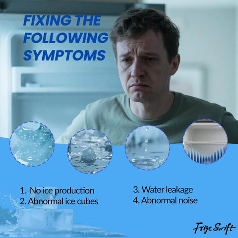 Man with symptoms of no ice production, abnormal ice cubes, water leakage, and noise related to Icemaker Kit For Refrigerator