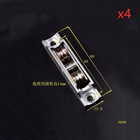 Premium Heavy Duty Sliding Door Rollers And Window Pulleys Set Of Four Hella Sturdy double wheel hardware close-up with measurements.