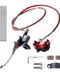 Mini bike hydraulic brake kit featuring red caliper and red hose, lever, and mounting hardware