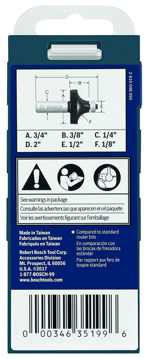 Packaging for Real Badass 1/8 Inch Radius Roundover Router Bit with size and safety warnings displayed.