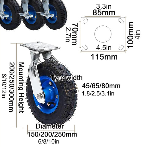 Heavy Duty Swivel Caster Wheels With Inflatable Rubber Tires Schematic of 10 Inch Pneumatic Wheels Dimensions and Mounting Details