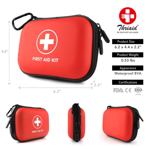 Red mini hard-shell first aid kit with carabiner, waterproof EVA case, 6.2 x 4.4 x 2.2 in