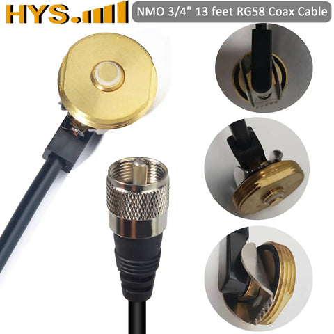 Rugged Vehicle Trunk Lid Hole Mount Antenna Bracket With Three Eighths Inch To Three Quarters Inch Hole Size Thirteen Foot RG58 Coax Cable NMO To PL259 Connector Drill To Mount Design For Amateur Radio Heavy Duty Mobile Setup connector and coax
