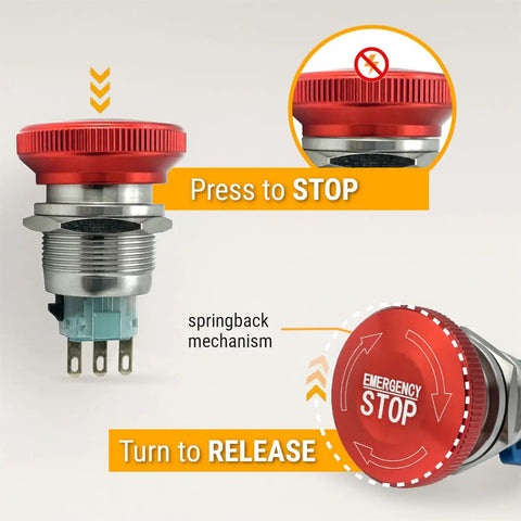 Heavy Duty Emergency Stop Push Button Switch 22mm Latching E Stop 1NO 1NC Stainless Steel Mushroom Head side view