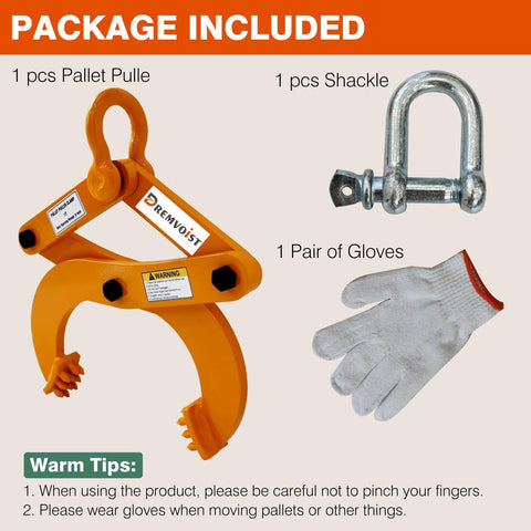 Package contents with Industrial Pallet Puller Clamp 2204 lb Capacity Heavy Duty Steel Single Scissor, shackle, gloves