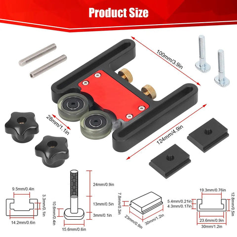 Adjustable Bearing Roller Featherboard Feeder with Aluminum Alloy 5mm Stroke and Double Wheel, parts and dimensions shown