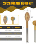 Heavy Duty Titanium Coated Rotary Burr Set Two Piece Coarse Carbide Wood Carving Kit sizes with flame and spherical tips.
